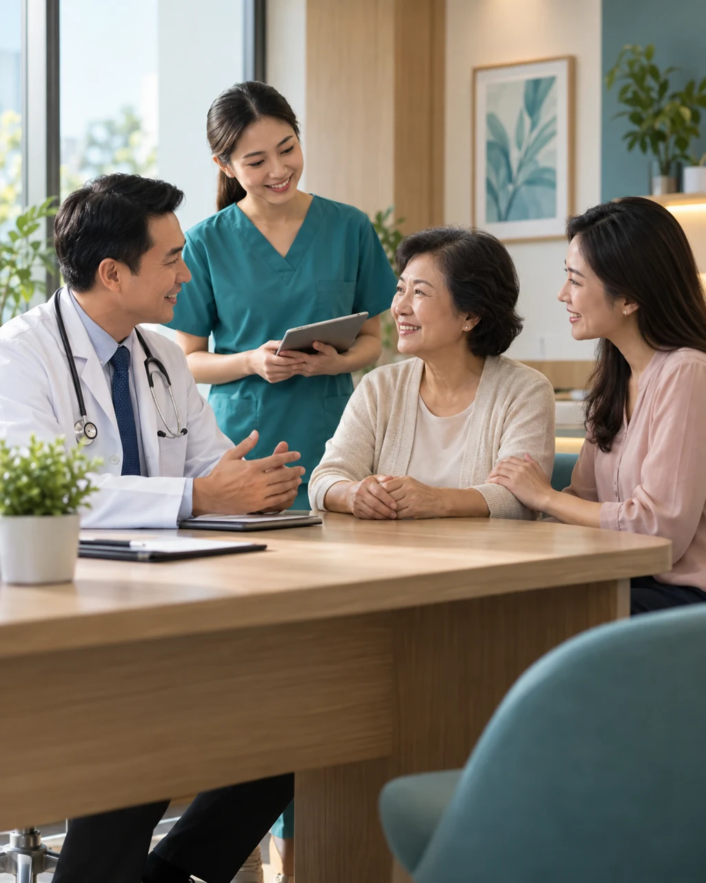 Illustrative scene of an Asian doctor and nurse talking with a smiling patient and family member in a welcoming healthcare interior