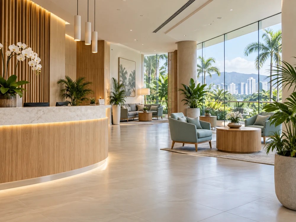 A bright, welcoming healthcare reception environment